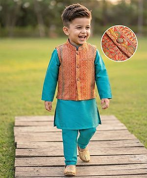 Babyhug Woven Full Length Foil Printed Kurta Pyjama Set With Brocade Jacket - Teal Blue
