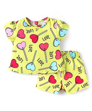 Babyhug Cotton Knit Half Sleeves Co-ords Shorts Night Suit with Hearts Print - Yellow