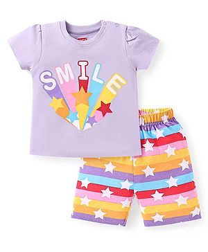 Babyhug Cotton Knit Half Sleeves Capri Night Suit with Smile Text Print - Lilac