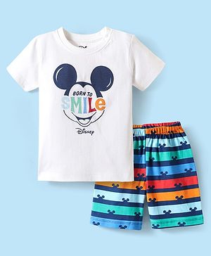 Babyhug Disney Single Jersey Knit Half Sleeves Shorts Night Suit with Mickey Mouse Graphics - White