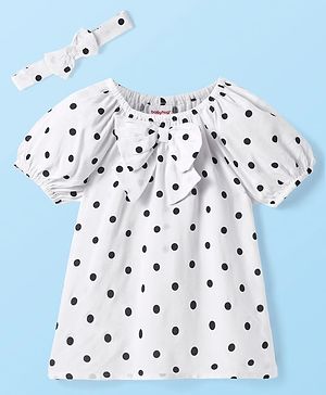 Babyhug Rayon Woven Half Puffed Sleeves Top with Polka Dots Print Bow Applique & Headband - White
