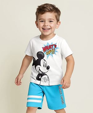 Babyhug Disney Single Jersey Knit Half Sleeves Shorts Night Suit With Mickey Mouse Graphic - White & Light Blue