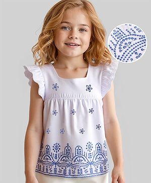 Babyhug Cotton Woven Frill Sleeves Top with Floral Embroidery - White