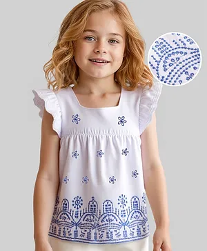 Babyhug Cotton Woven Frill Sleeves
                              Top with Floral Embroidery - White