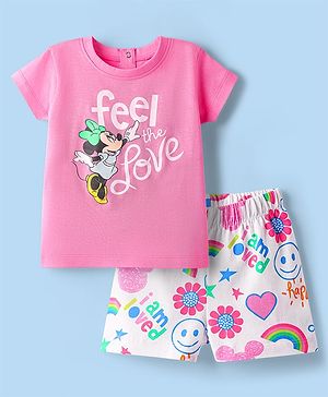 Babyhug Disney Single Jersey Knit Half Sleeves Shorts Night Suit with Minnie Mouse Graphics - Pink