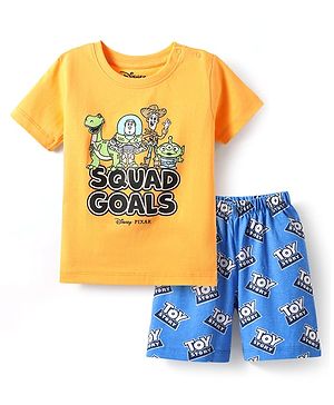 Babyhug Disney Single Jersey Knit Half Sleeves Shorts Nightsuit With Toy Story Graphic -Orange & Blue
