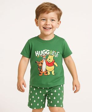 Babyhug Disney Single Jersey Knit Half Sleeves Shorts Night Suit With Winnie & Friends Graphic - Dark Green