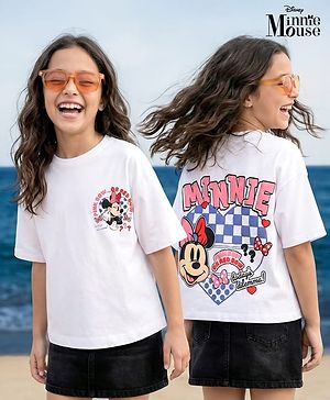 Pine Kids Disney Terry Knit Half Sleeves Oversized Drop Shoulder T-Shirt With Minnie Mouse Front And Back Graphics - White