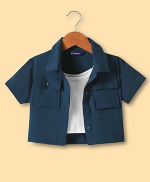 Pine Kids Woven Half Sleeves Solid Color Shirt Style Top with Inner Slip - Navy Blue