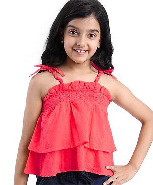 Pine Kids Cotton Woven Singlet Textured Top with Smock Detailing - Red