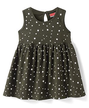 Babyhug Single Jersey Knit Sleeveless Frock With Star Print - Dark Olive Green