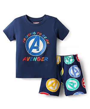 Babyhug Marvel Single Jersey Knit Half Sleeves Shorts Night Suit With Avengers Graphic - Navy Blue