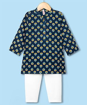 Babyhug Cotton Woven Full Sleeves Floral Printed Kurta Pyjama Set - Navy Blue