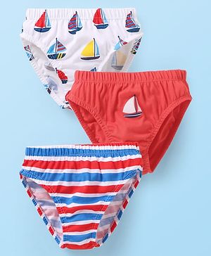 Babyhug 100% Cotton Knit Striped & Nautical Theme Printed Briefs Pack of 3 - Red Blue & White