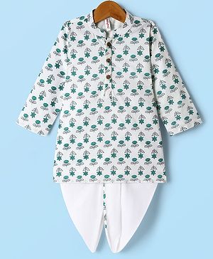 Babyhug Cambric Woven Full Sleeves Kurta Dhoti Set With Floral Print - White