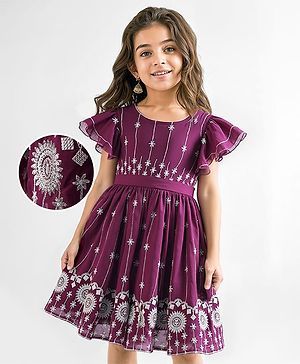 Babyhug Flutter Sleeves Georgette Ethnic Dress With Floral Embroidery & Sequin Detailing - Wine
