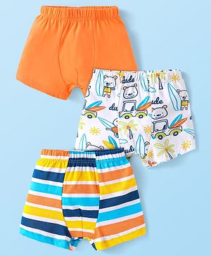 Babyhug 100% Cotton Knit Trunks with Stripes & Beach Theme Print Pack of 3 - Orange & White