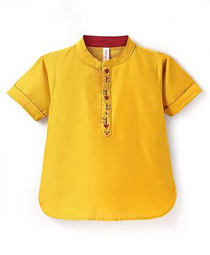 Babyhug Cotton Woven Half Sleeves Floral Embroidered Kurta - Mustard