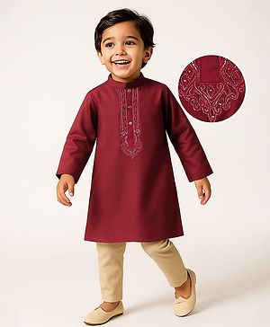 Babyhug Woven Full Sleeves Embroidered Kurta Pajama Set - Maroon & Beige