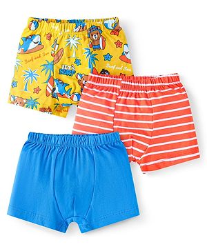 Babyhug 100% Cotton Knit Trunks with Beach Theme Print & Stripes Pack of 3 - Yellow Red & Blue