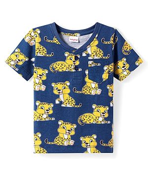 Babyhug Cotton Knit Half Sleeves Henley Neck T-Shirt with Tiger Print - Navy Blue