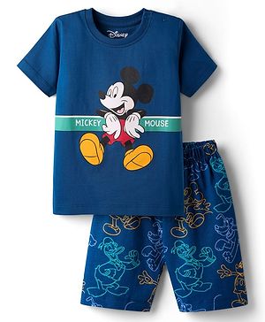 Babyhug Disney Single Jersey Knit Half Sleeves Shorts Night Suit With Mickey Mouse Graphic - Navy Blue