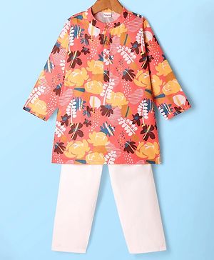 Babyhug Cambric Full Sleeves Kurta Pyjama Set with Floral Print - Coral