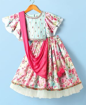 Babyhug Woven Flutter Sleeves Choli Lehenga & Dupatta Set with Floral Print - Blue & Pink
