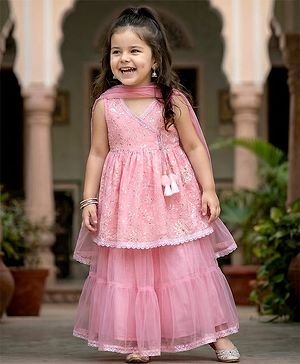 Babyhug Woven Sleeveless Net Embroidered Sequinned Long Choli With Lehenga & Dupatta Set  - Pink