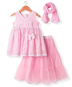 Babyhug Woven Sleeveless Net Embroidered Sequinned Long Choli With Lehenga & Dupatta Set  - Pink