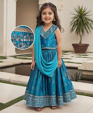 Babyhug Woven Sleeveless Sequecned Embroidered  Choli Lehenga Set with Dupatta & Tassel Detailing - Teal Blue