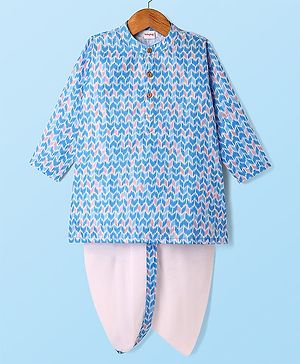 Babyhug Cotton Woven Full Sleeves Cambric Printed Dhoti Kurta Set - Light Blue