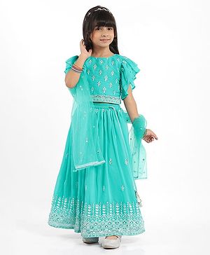 Babyhug Woven Half Frill Sleeves Floral Embroidered Choli Lehenga Set with Dupatta & Sequin Detailing - Aqua Blue
