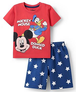 Babyhug Disney Single Jersey Knit Half Sleeves Shorts Nightsuit With Mickey & Friends Graphic - Red & Navy Blue