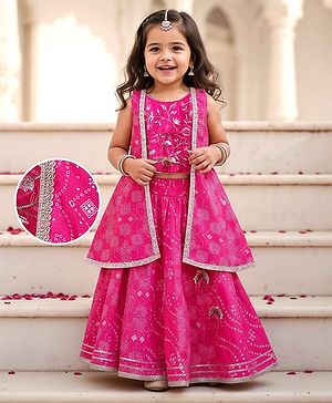 Babyhug Woven Sleeveless Ethnic Motif Printed & Floral Embroidered Choli Lehenga Set with Long Jacket & Lace Detailing - Fuchsia