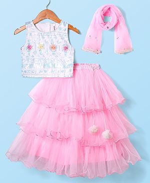 Babyhug Woven Sleeveless Embroidered Choli & Layered Lehenga with Dupatta & Sequin Detailing - Pink