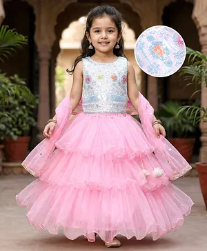 Babyhug Woven Sleeveless Embroidered
                              Choli & Layered Lehenga with Dupatta
                              & Sequin Detailing - Pink