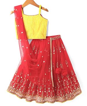 Babyhug Woven Sleeveless Net Sequinned Choli Lehenga Set with Dupatta - Red & Yellow