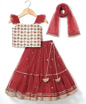 Babyhug Woven Sleeveless Choli Lehenge Set with Dupatta Sequin & Embroidery Design -Maroon