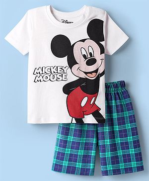 Babyhug Disney Single Jersey Knit Half Sleeves Shorts Night Suit With Mickey & Friends  Graphic - White & Blue
