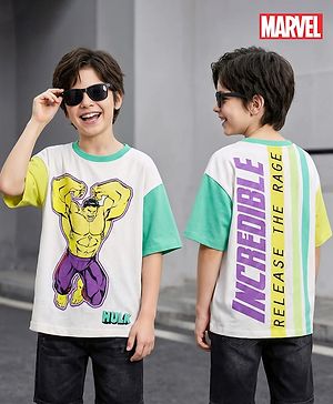 Pine Kids Marvel Terry Knit Half Sleeves Oversized And Drop Shoulder T-Shirt With Front And Back Hulk Graphics - White