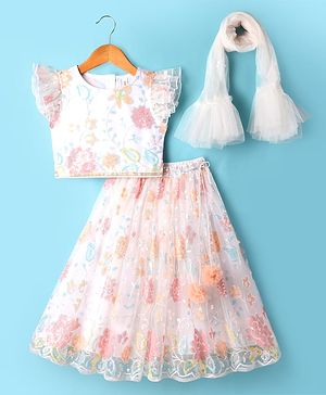 Babyhug Woven Frill Sleeves Sequenced Embroidered Lehenga Choli Set And Dupatta With Floral Print - White