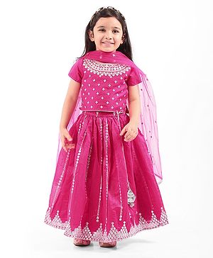 Babyhug Woven Short Sleeves Organza Sequecned Embroidered Choli Lehenga Set With Dupatta & Lace Detailing - Dark Pink