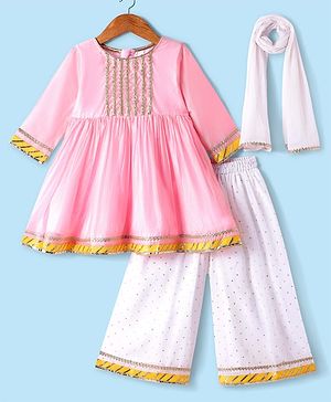 Babyhug Woven Three Fourth Sleeves Chanderi Embroidered Kurti Palazzo Set With Dupatta - Pink