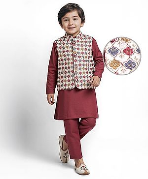 Babyhug Woven Full Sleeves Kurta Pyjama Set with Embroiderd Jacket - Maroon