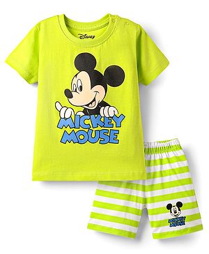 Babyhug Disney Single Jersey Knit Half Sleeves Shorts Night Suit With Mickey Mouse Graphic - White & Limegreen