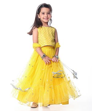 Babyhug Woven Sleeveless Choli with Flared Lehenga & Dupatta & Sequin Detailing - Yellow