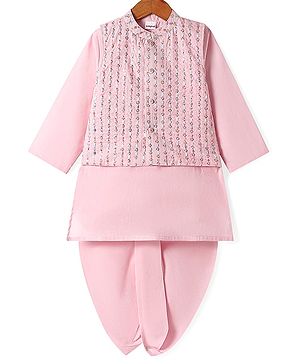 Babyhug Woven Full Sleeves  Solid Dhoti Kurta Set with Sequin Embroidered Jacket - Pink
