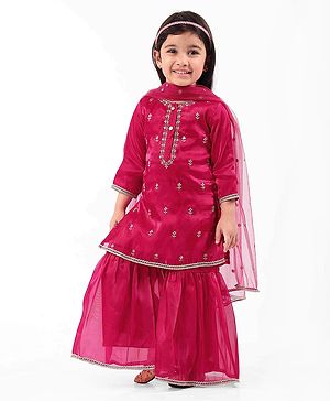 Babyhug Woven Three Fourth Sleeves Georgette Embroidered Kurti Gharara With Dupatta - Dark Pink