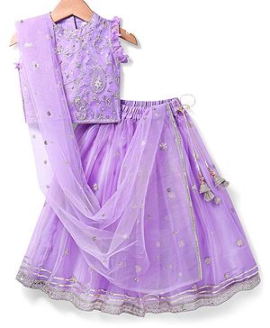 Babyhug Woven Frill Sleeves Floral Sequenced Embroidered Choli Lehenga & Dupatta Set with Tassle Detailing - Lavender